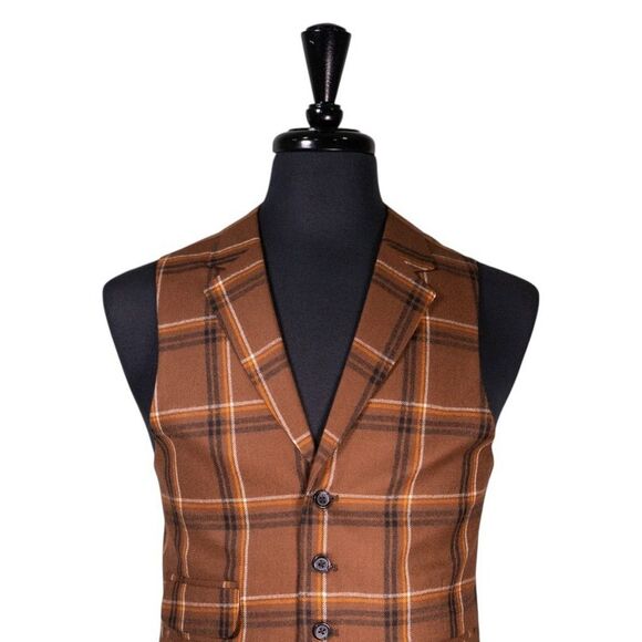 Mens Waistcoat Suit Lapel Vest 40R Brown Orange Plaid Wool Formal Wedding Party - Picture 4 of 9